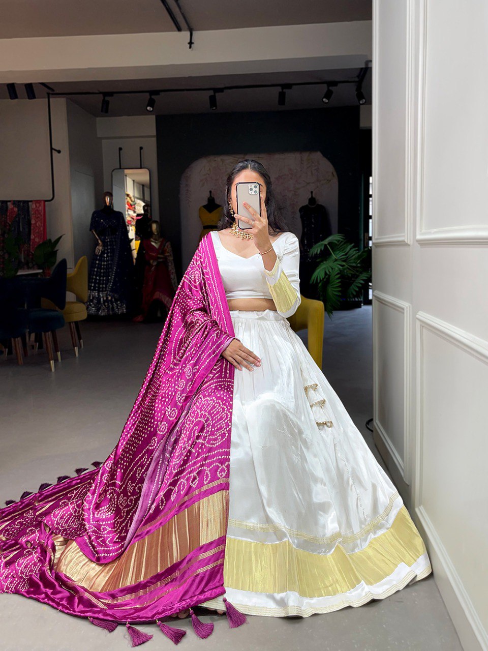 White Color Gaji Silk Yeing With Lagdi Patta Lehenga Choli