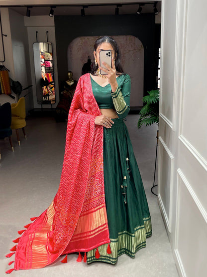 Green Color Gaji Silk Yeing With Lagdi Patta Lehenga Choli