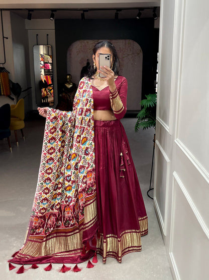 Maroon Color Gaji Silk Yeing With Lagdi Patta Lehenga Choli