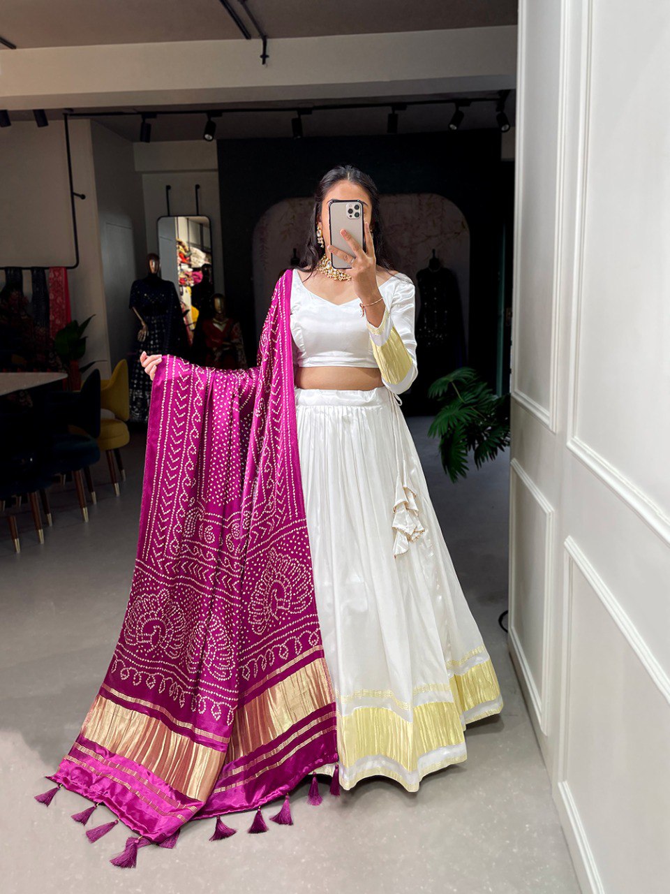 White Color Gaji Silk Yeing With Lagdi Patta Lehenga Choli