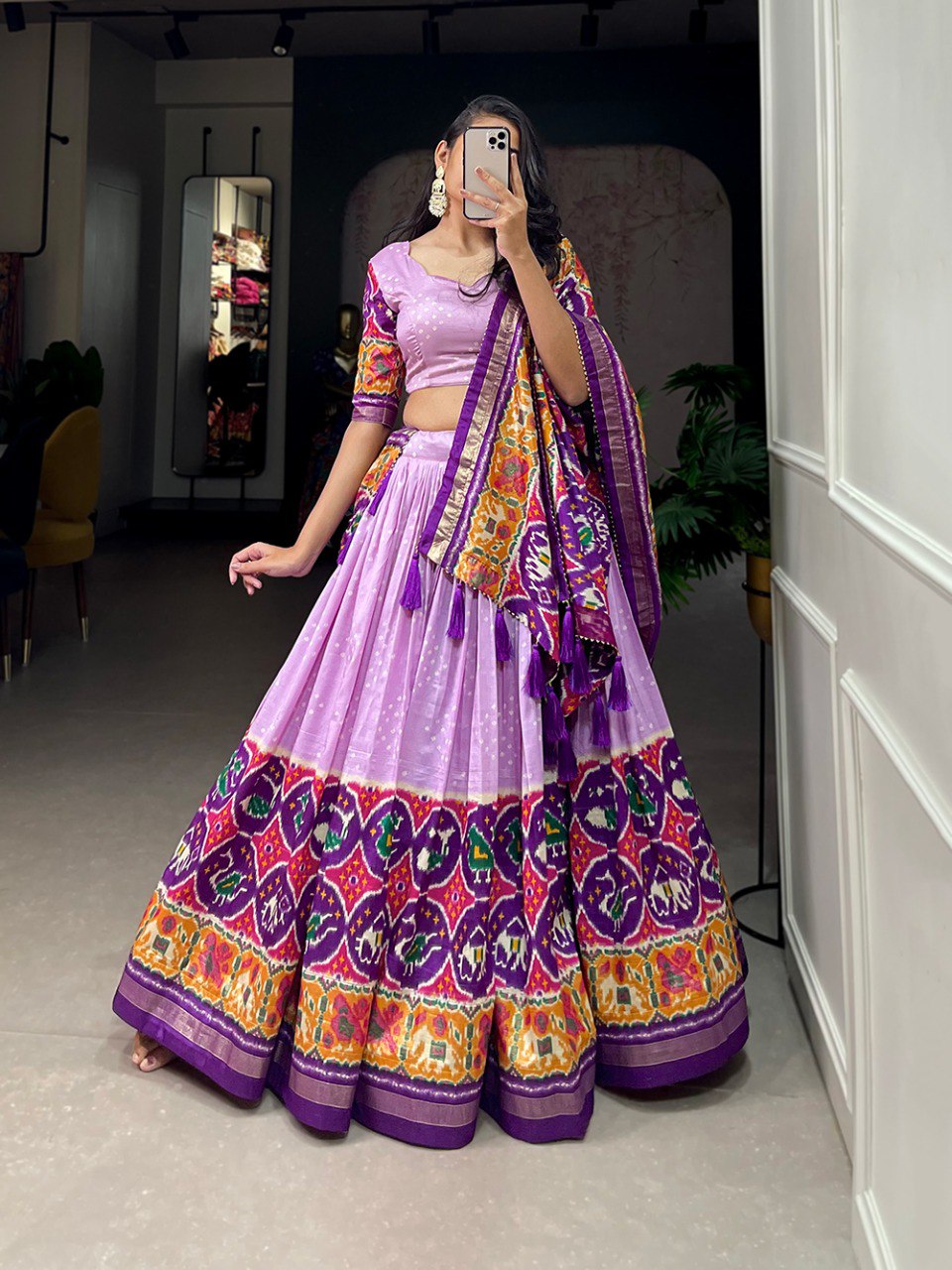 Lavender Color Tussar Silk Patola Print With Foil Work Lehenga Choli