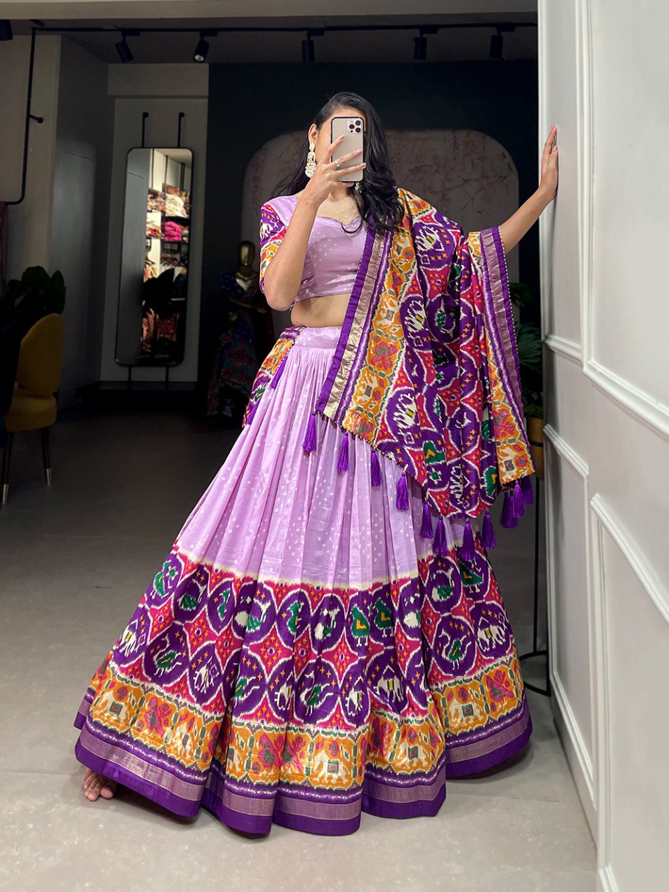 Lavender Color Tussar Silk Patola Print With Foil Work Lehenga Choli