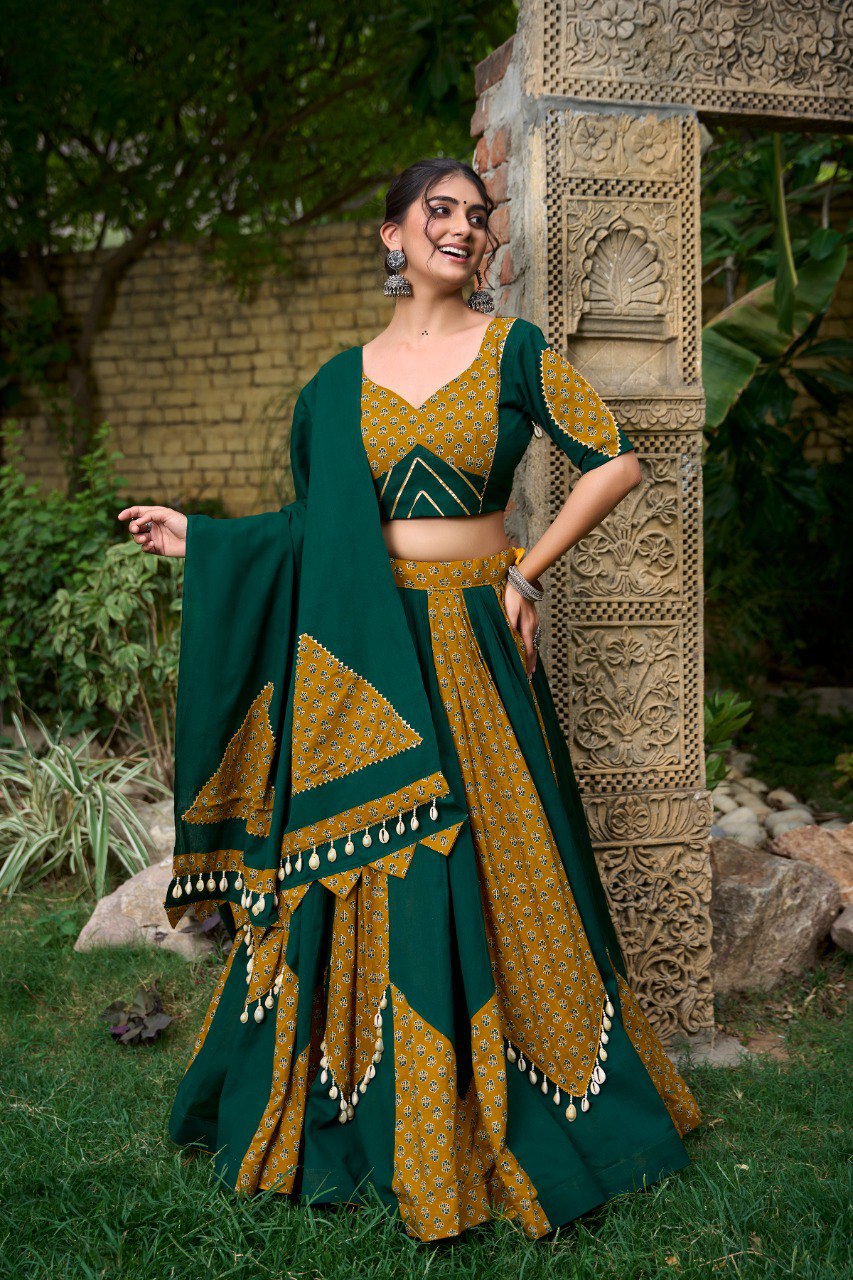 Green Color Pure Cotton Plain And Printed With Cowrie Navratri Lehenga Choli