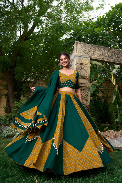 Green Color Pure Cotton Plain And Printed With Cowrie Navratri Lehenga Choli