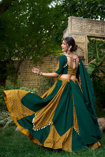 Green Color Pure Cotton Plain And Printed With Cowrie Navratri Lehenga Choli