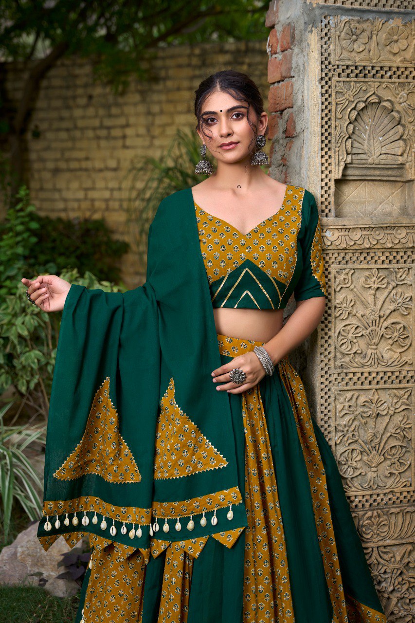 Green Color Pure Cotton Plain And Printed With Cowrie Navratri Lehenga Choli