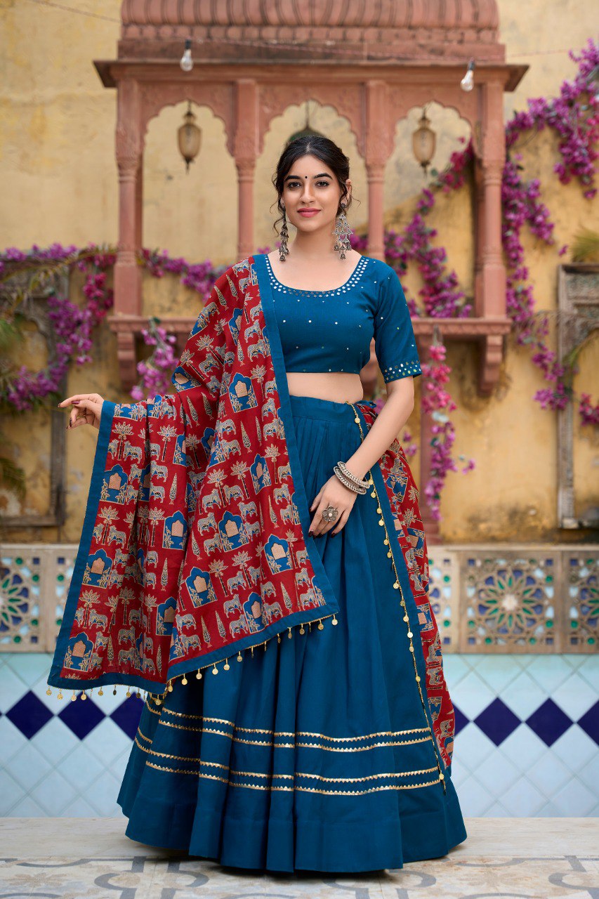 Firozi Color Pure Cotton Plain With Gota Patti Touch Up Navratri Lehenga Choli