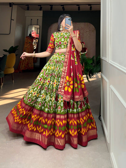 Mehendi Color Tussar Silk Patola Print With Foil Work Lehenga Choli