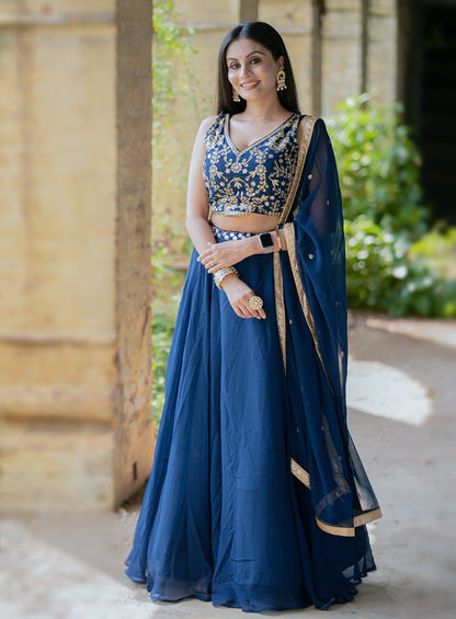 Navy Blue Color Georgette Sequins and Thread Embroidery Work Lehenga Choli