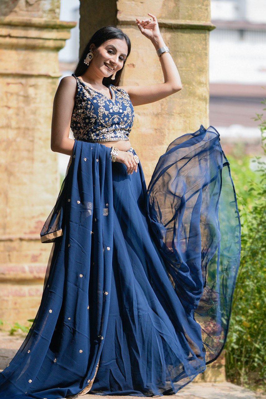 Navy Blue Color Georgette Sequins and Thread Embroidery Work Lehenga Choli