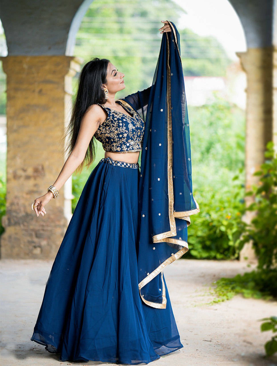 Navy Blue Color Georgette Sequins and Thread Embroidery Work Lehenga Choli