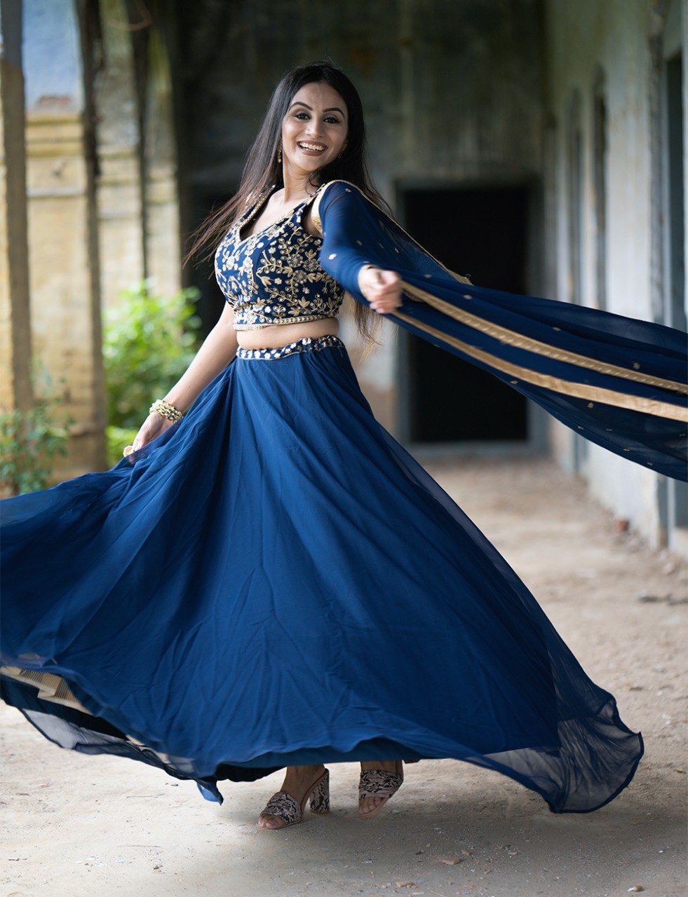 Navy Blue Color Georgette Sequins and Thread Embroidery Work Lehenga Choli