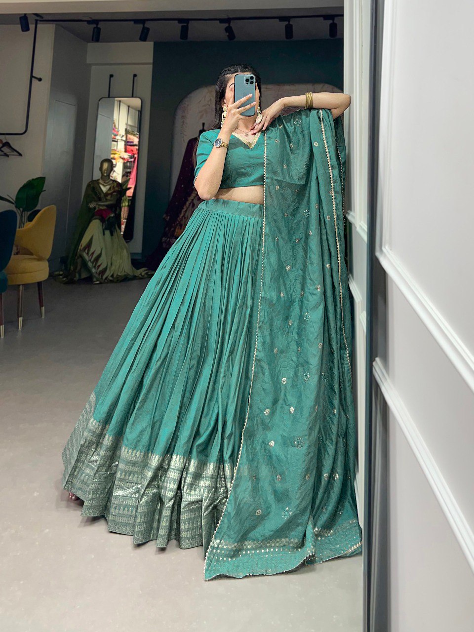 Sea Green Color Pure Chanderi Plain With Zari Weaving Work Lehenga Choli