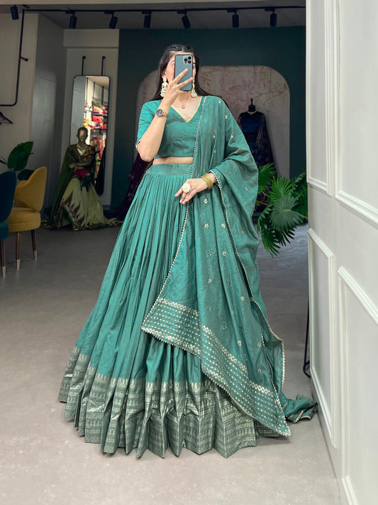 Sea Green Color Pure Chanderi Plain With Zari Weaving Work Lehenga Choli