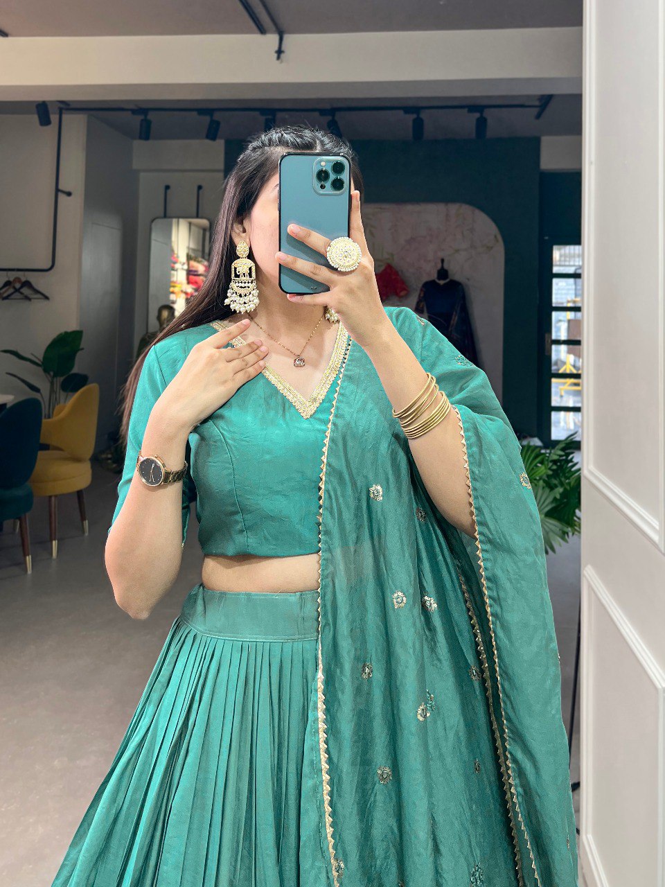 Sea Green Color Pure Chanderi Plain With Zari Weaving Work Lehenga Choli