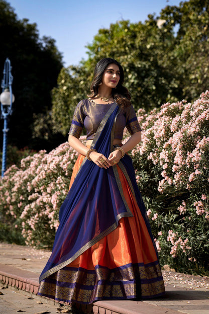 Orange Color Kanchipuram Zari Weaving Work Lehenga Choli