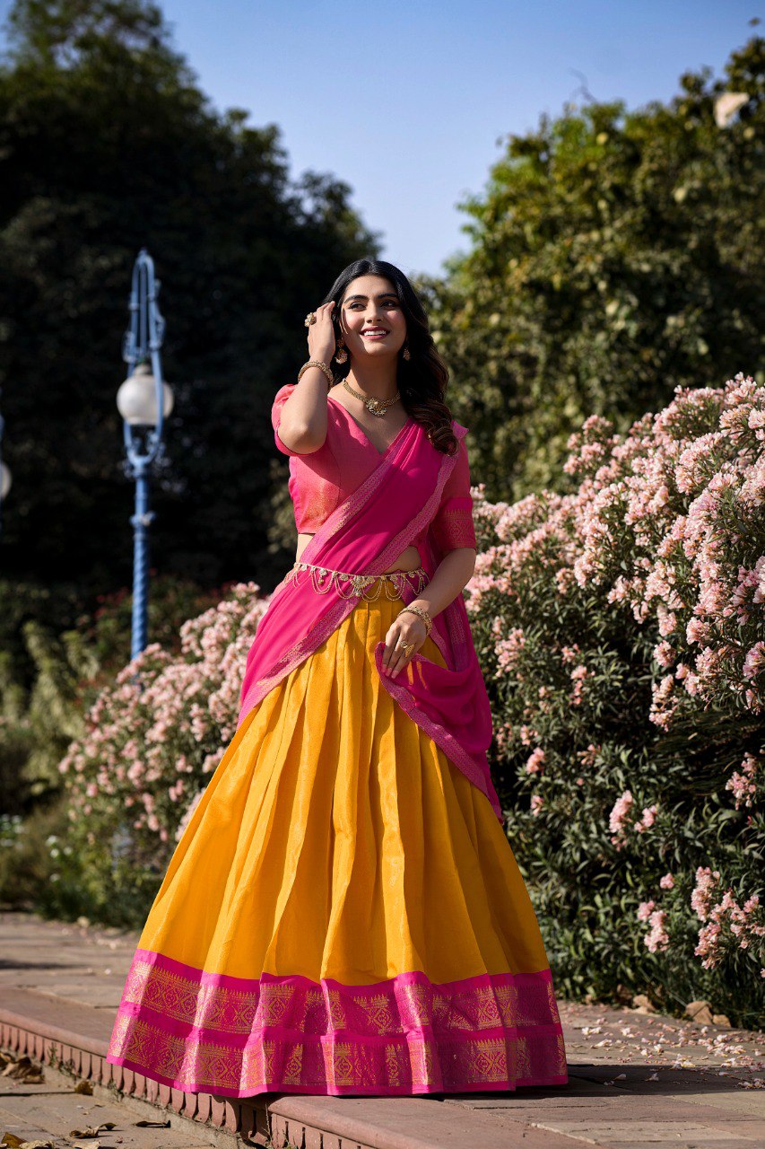 Mustard Color Kanchipuram Zari Weaving Work Lehenga Choli