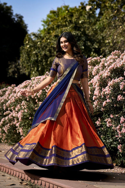 Orange Color Kanchipuram Zari Weaving Work Lehenga Choli