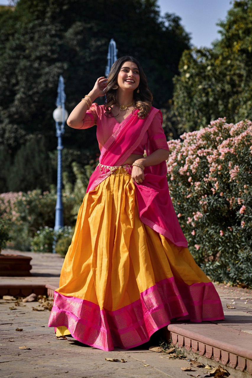 Mustard Color Kanchipuram Zari Weaving Work Lehenga Choli