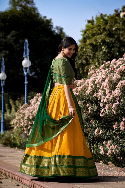 Yellow Color Kanchipuram Zari Weaving Work Lehenga Choli