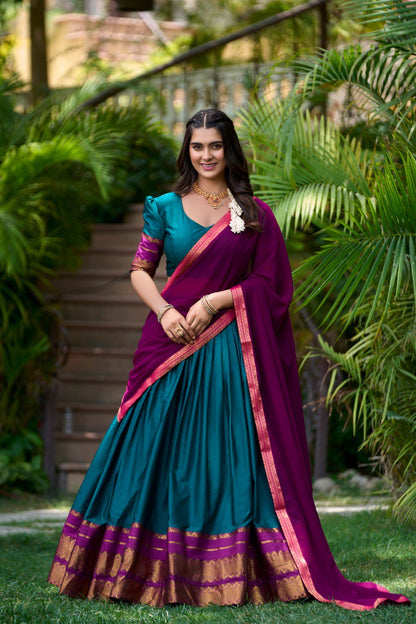 Teal Color Poly Cotton Zari Weaving Work Lehenga Choli