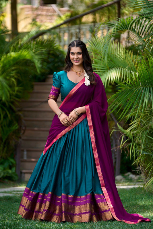 Teal Color Poly Cotton Zari Weaving Work Lehenga Choli