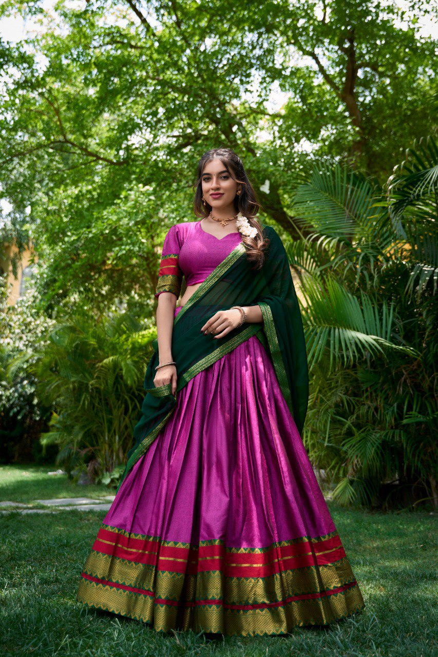 Pink Color Poly Cotton Zari Weaving Work Lehenga Choli