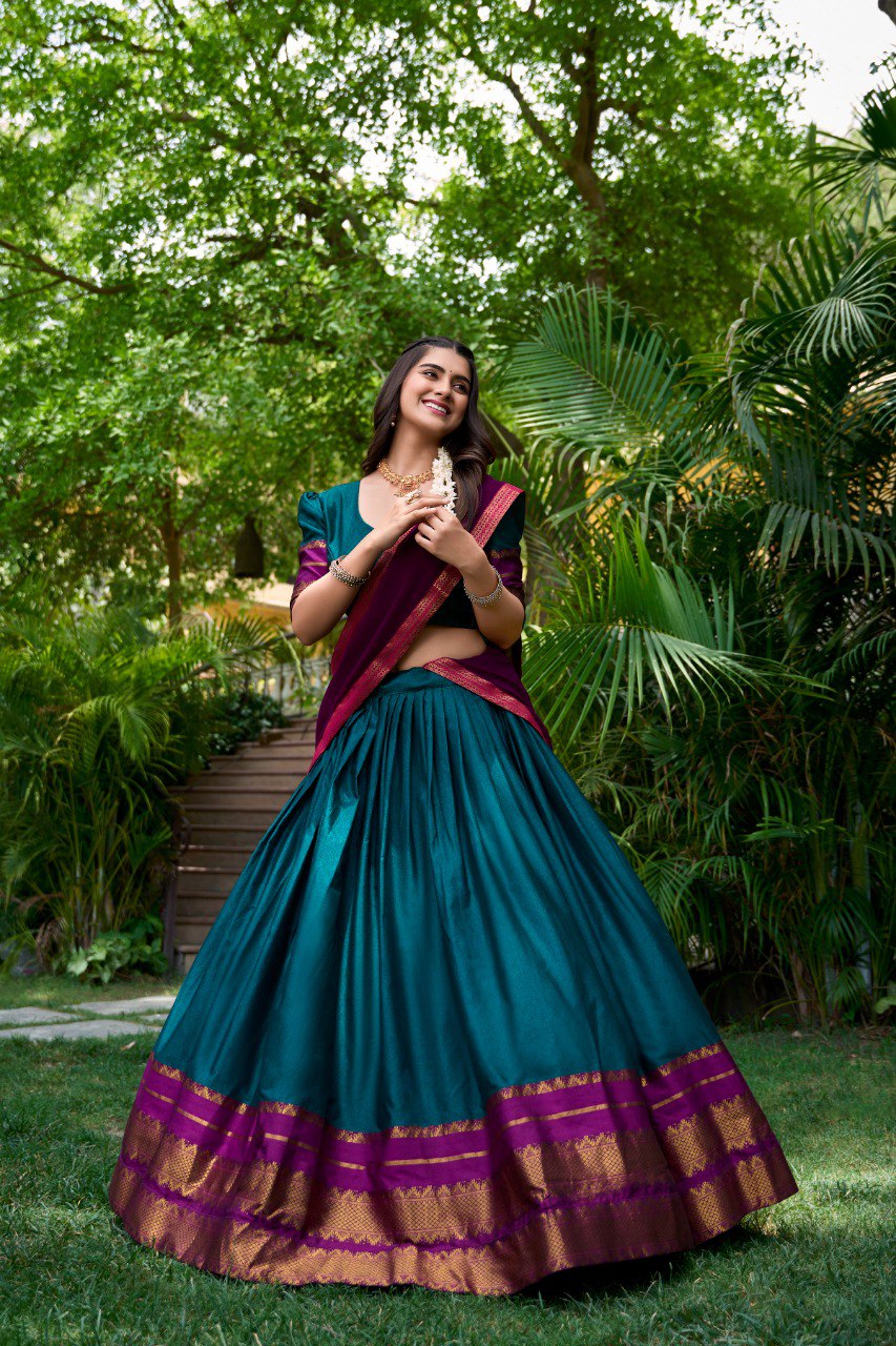 Teal Color Poly Cotton Zari Weaving Work Lehenga Choli