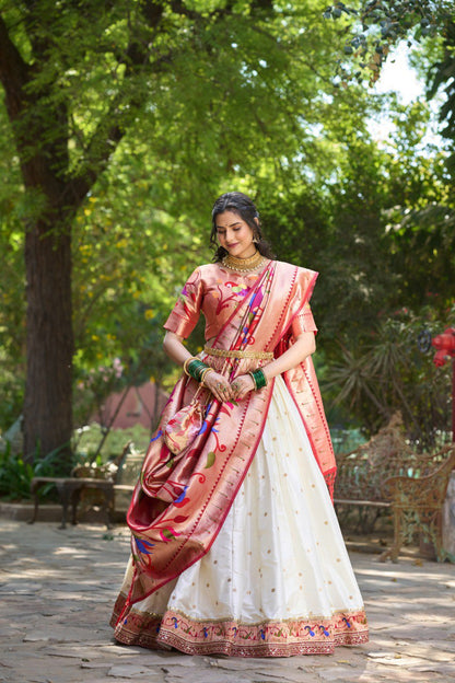 White Color Jacquard Paithani Silk Weaving Zari Work Lehenga Choli