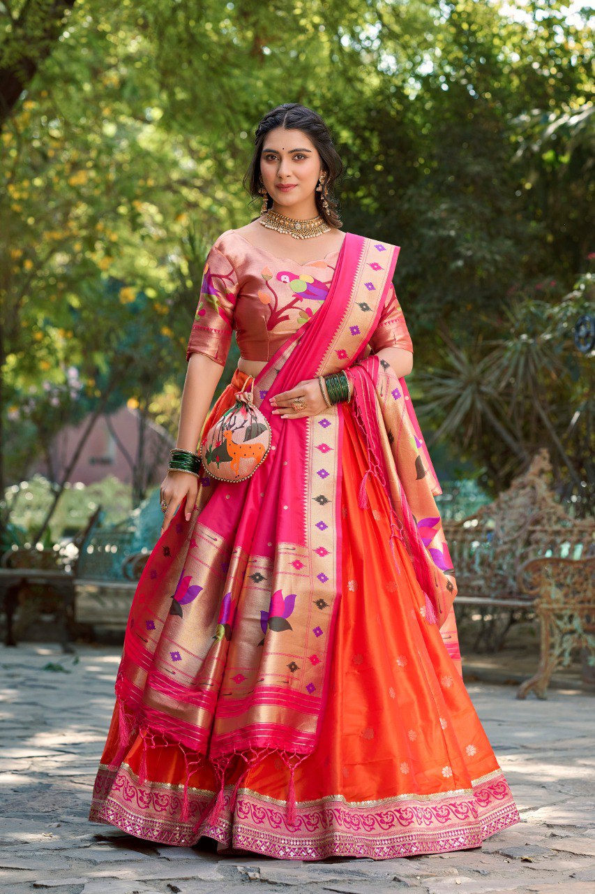 Orange Color Jacquard Paithani Silk Weaving Zari Work Lehenga Choli