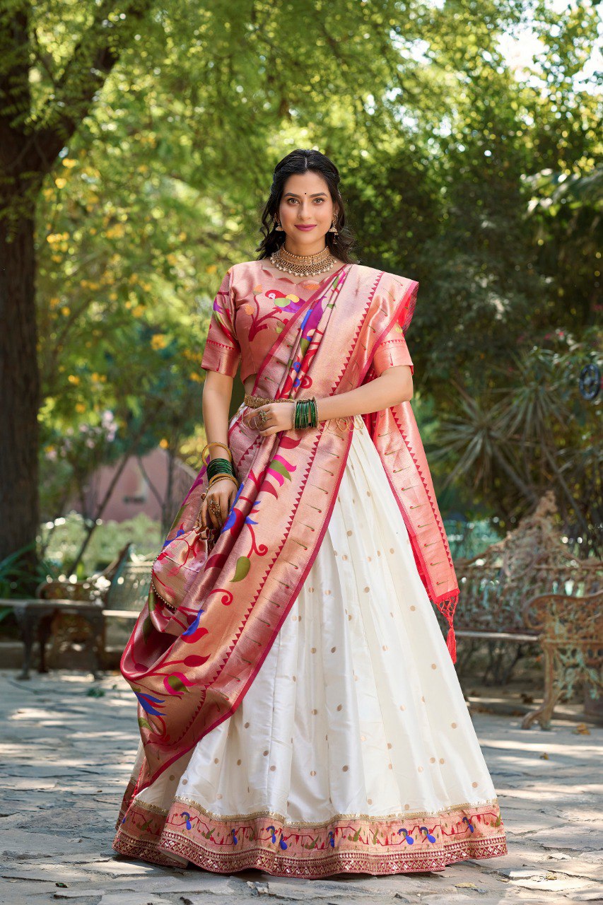 White Color Jacquard Paithani Silk Weaving Zari Work Lehenga Choli