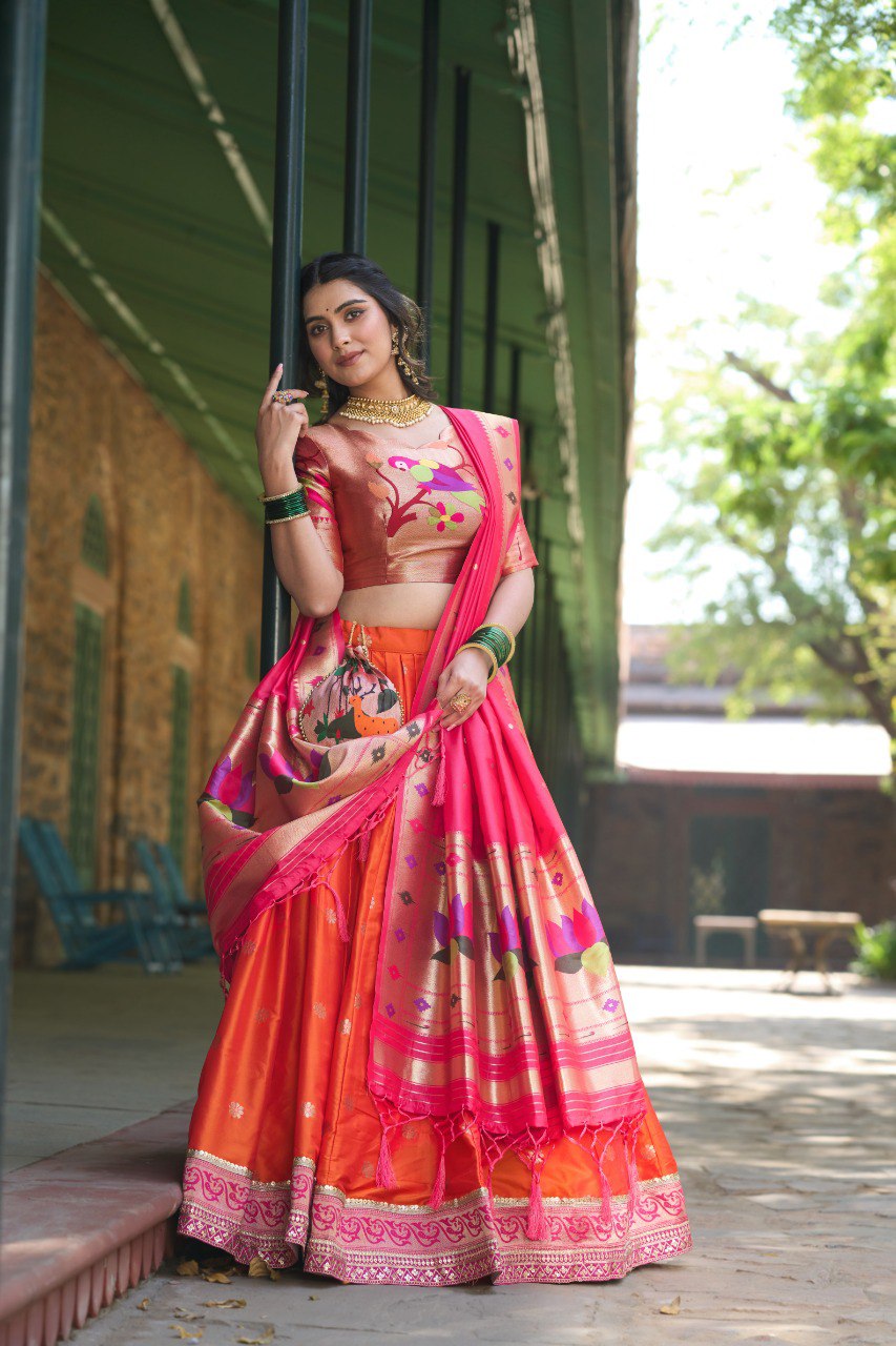 Orange Color Jacquard Paithani Silk Weaving Zari Work Lehenga Choli