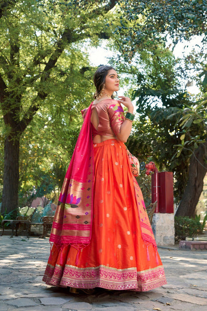 Orange Color Jacquard Paithani Silk Weaving Zari Work Lehenga Choli