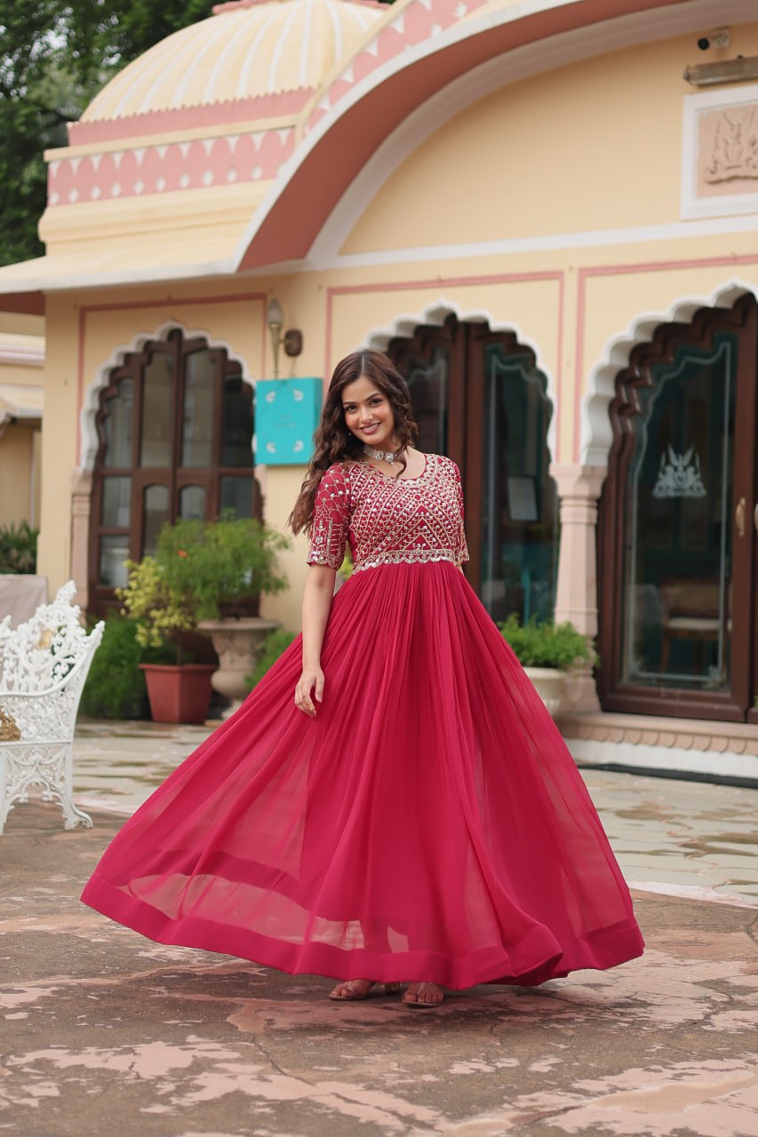 Pink Color Faux Blooming with Embroidery Zari Sequins Work Gown