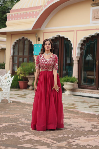 Pink Color Faux Blooming with Embroidery Zari Sequins Work Gown