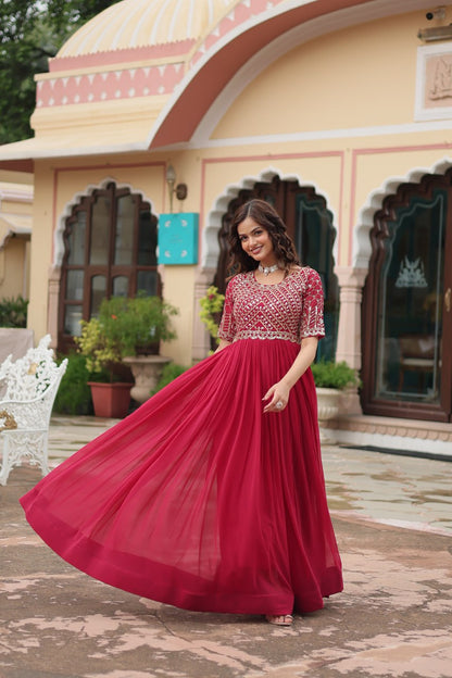 Pink Color Faux Blooming with Embroidery Zari Sequins Work Gown