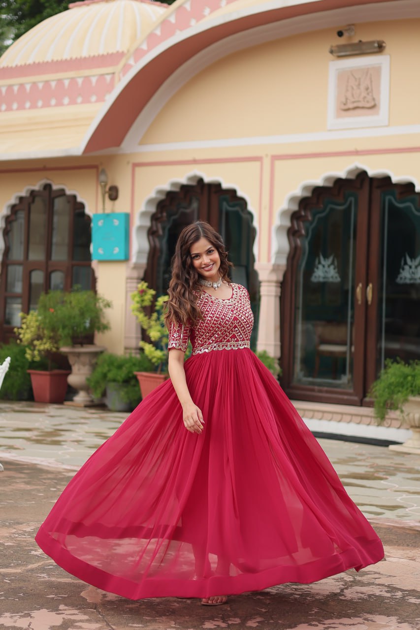 Pink Color Faux Blooming with Embroidery Zari Sequins Work Gown