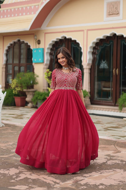 Pink Color Faux Blooming with Embroidery Zari Sequins Work Gown