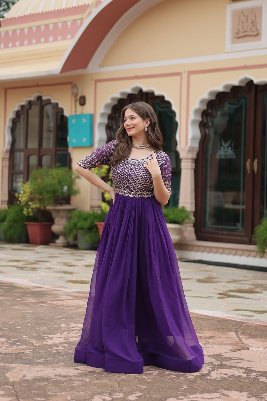 Purple Color Faux Blooming with Embroidery Zari Sequins Work Gown