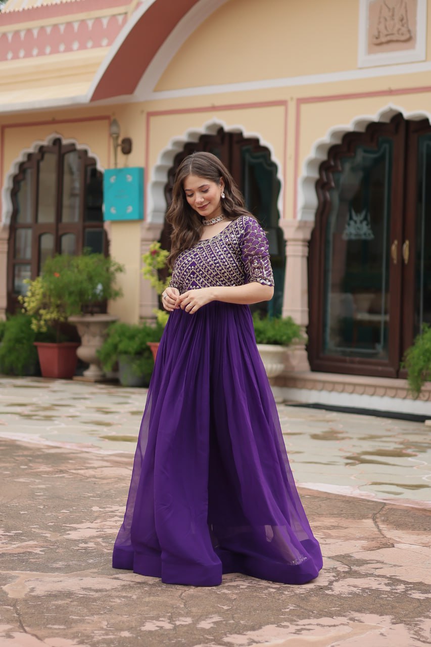 Purple Color Faux Blooming with Embroidery Zari Sequins Work Gown