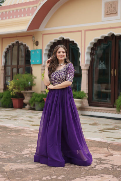 Purple Color Faux Blooming with Embroidery Zari Sequins Work Gown