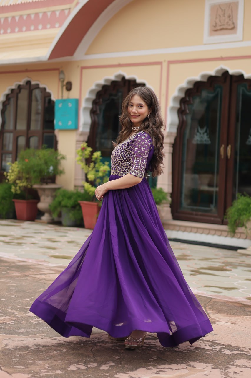 Purple Color Faux Blooming with Embroidery Zari Sequins Work Gown