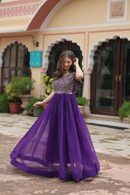 Purple Color Faux Blooming with Embroidery Zari Sequins Work Gown