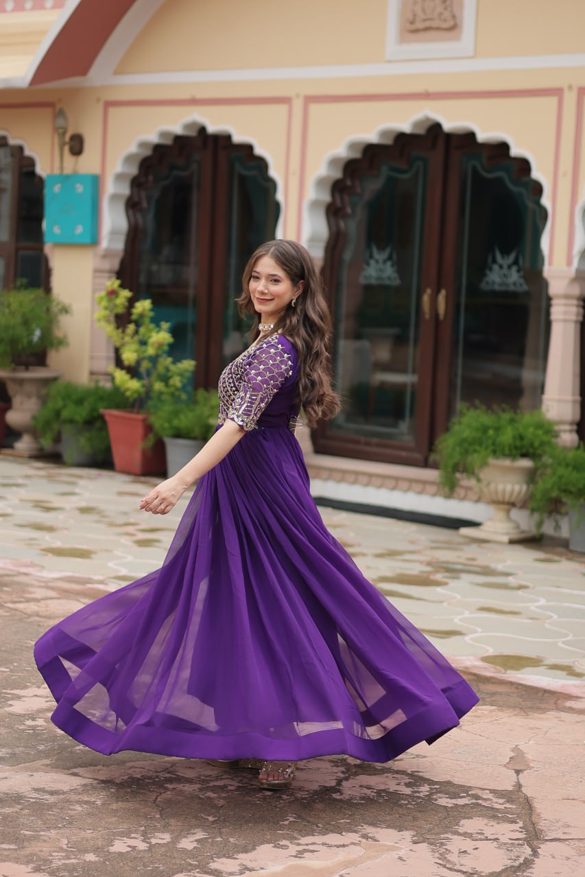 Purple Color Faux Blooming with Embroidery Zari Sequins Work Gown