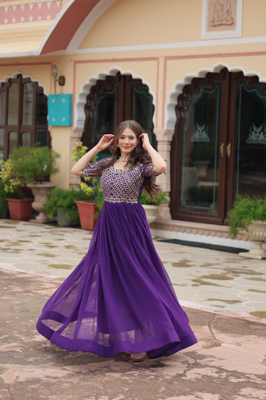 Purple Color Faux Blooming with Embroidery Zari Sequins Work Gown