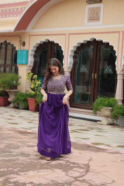 Purple Color Faux Blooming with Embroidery Zari Sequins Work Gown