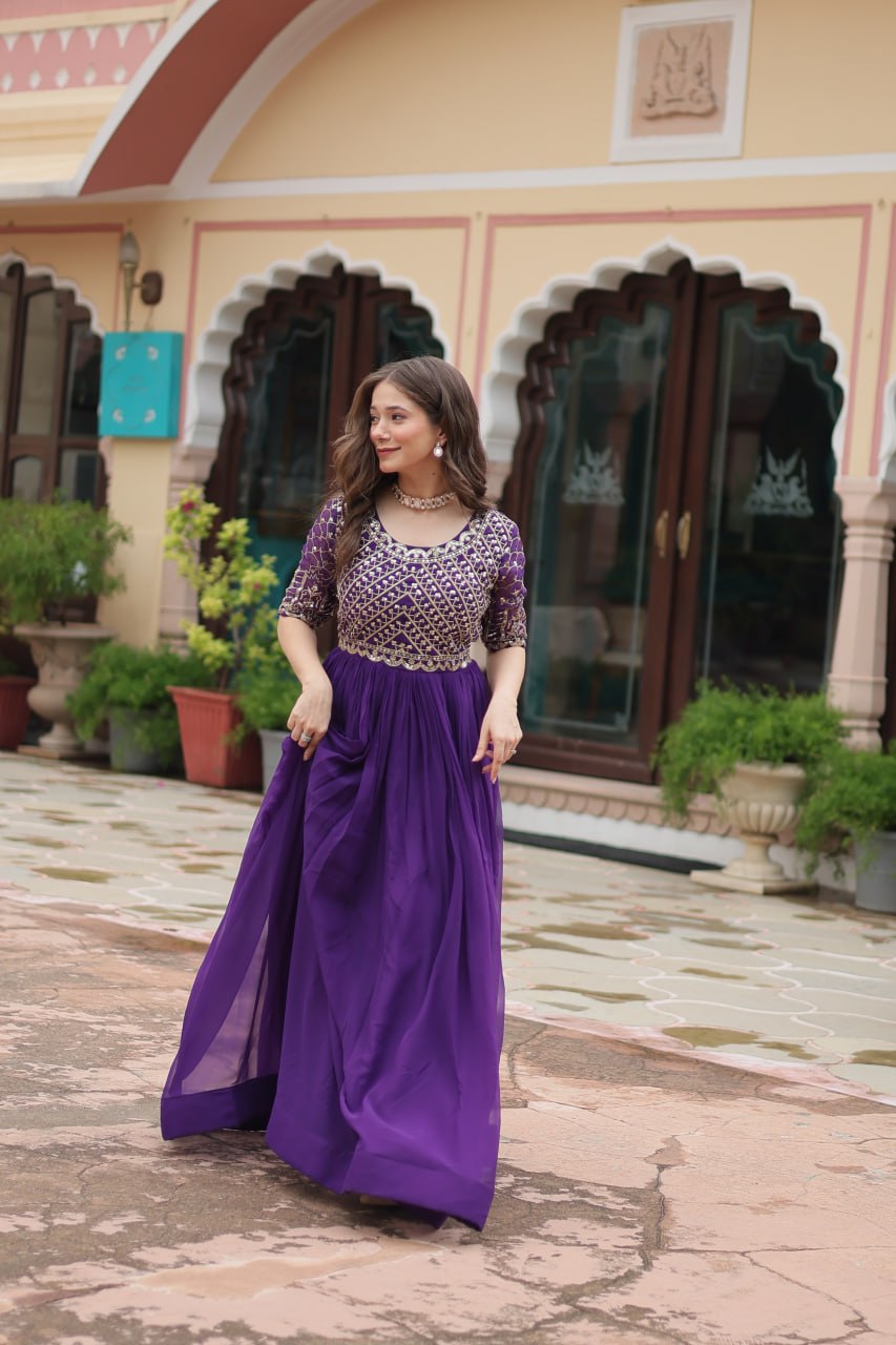 Purple Color Faux Blooming with Embroidery Zari Sequins Work Gown