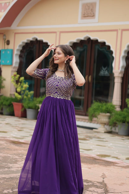 Purple Color Faux Blooming with Embroidery Zari Sequins Work Gown