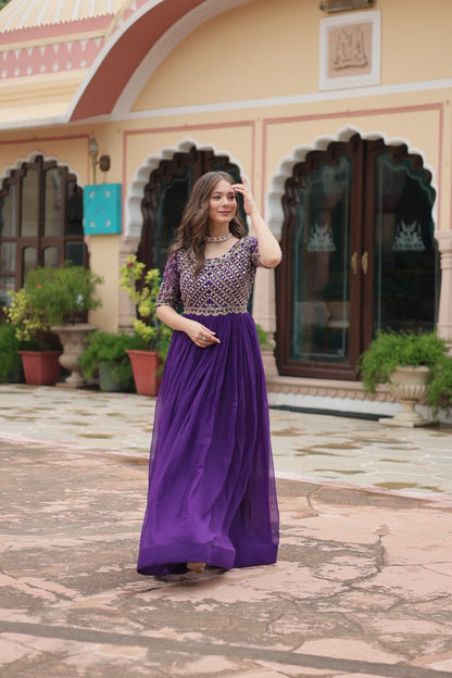 Purple Color Faux Blooming with Embroidery Zari Sequins Work Gown