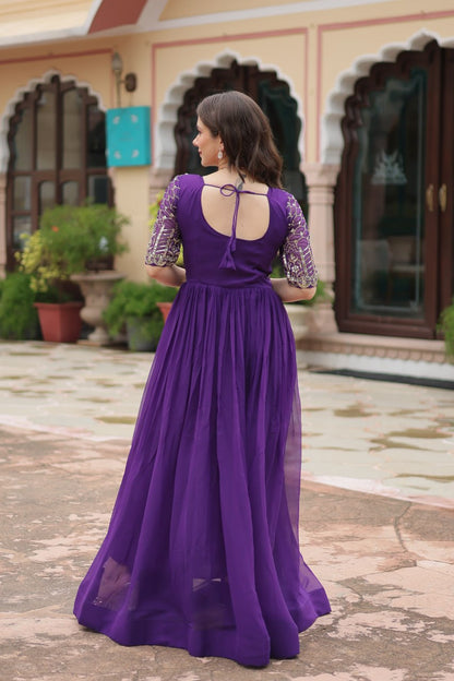 Purple Color Faux Blooming with Embroidery Zari Sequins Work Gown